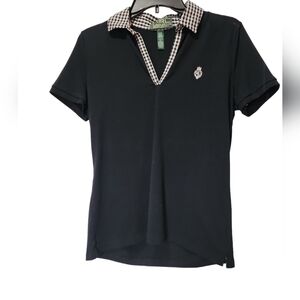 L-RL Lauren active Ralph Lauren Green label women's polo top black and checkered